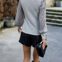 Gray Large Ribbed Knit Top with Sequin Long Sleeves and Mock Neck Design