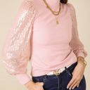 Pink Large Ribbed Knit Top with Sequin Long Sleeves and Mock Neck Design