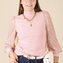 Pink Large Ribbed Knit Top with Sequin Long Sleeves and Mock Neck Design