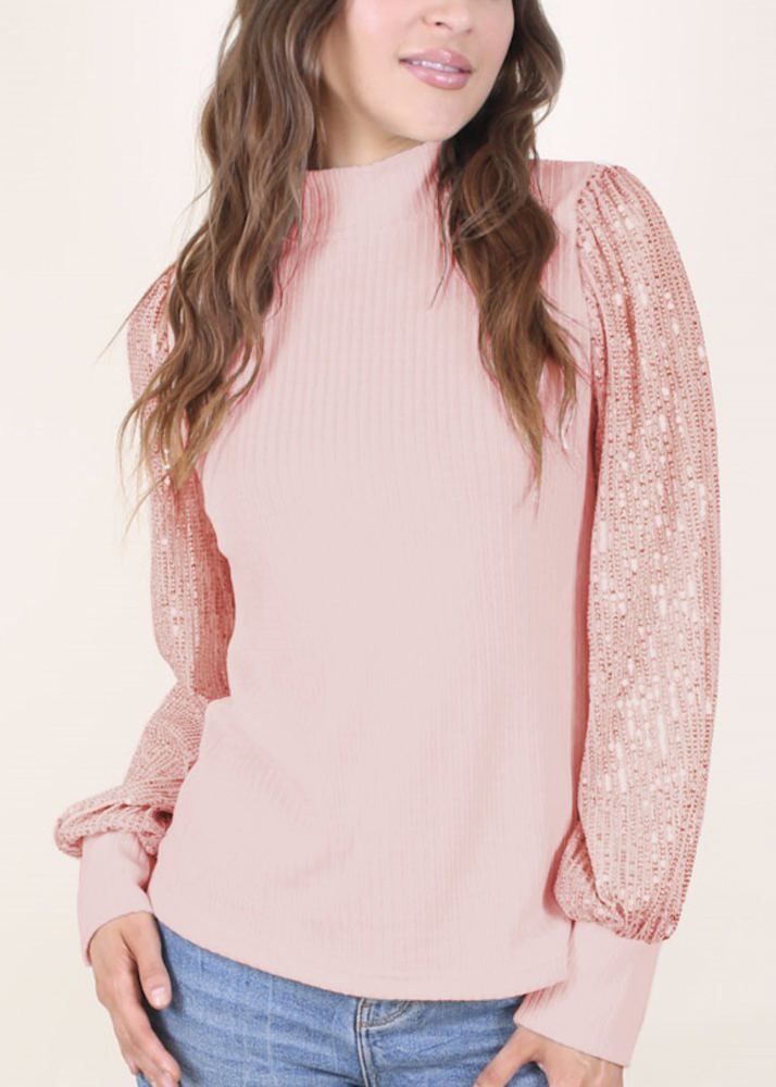 Ribbed Knit Top with Sequin Long Sleeves and Mock Neck Design