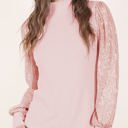 Pink Large Ribbed Knit Top with Sequin Long Sleeves and Mock Neck Design