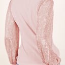 Pink Large Ribbed Knit Top with Sequin Long Sleeves and Mock Neck Design