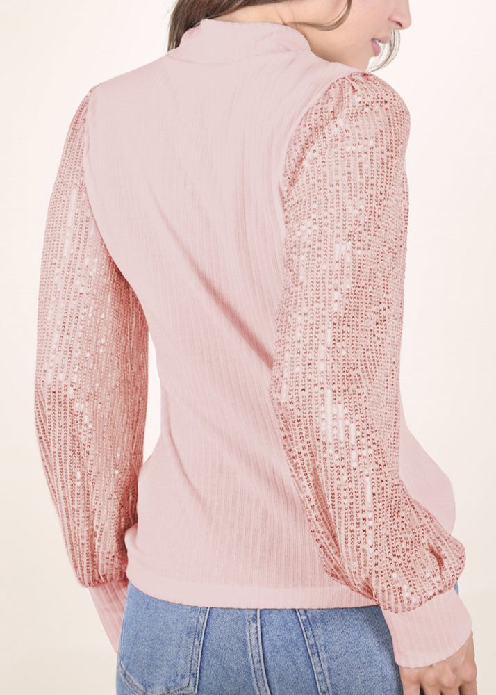 Ribbed Knit Top with Sequin Long Sleeves and Mock Neck Design