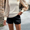 Beige Large Ribbed Knit Top with Sequin Long Sleeves and Mock Neck Design