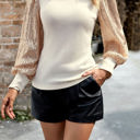 Beige Large Ribbed Knit Top with Sequin Long Sleeves and Mock Neck Design