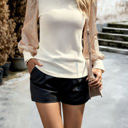 Beige Large Ribbed Knit Top with Sequin Long Sleeves and Mock Neck Design