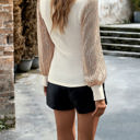 Beige Large Ribbed Knit Top with Sequin Long Sleeves and Mock Neck Design