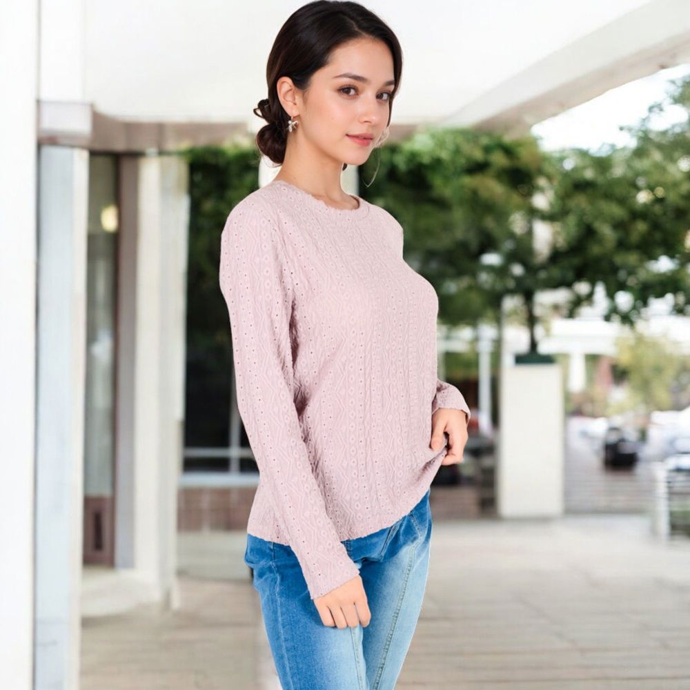 Textured Long Sleeve Knit Top with Crew Neckline