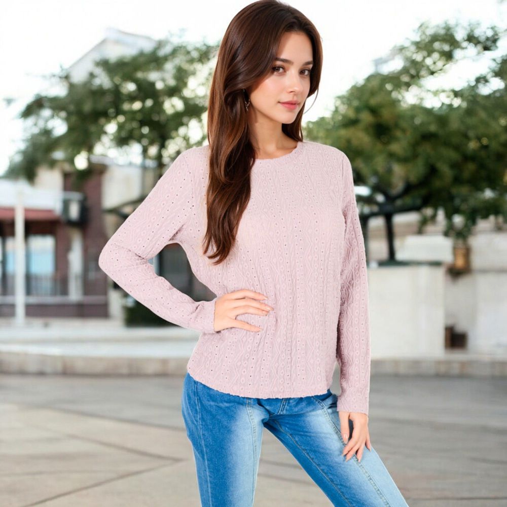 Textured Long Sleeve Knit Top with Crew Neckline