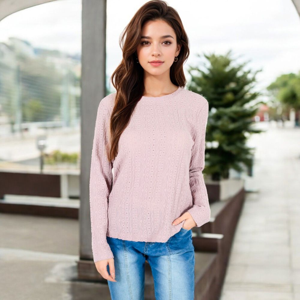 Textured Long Sleeve Knit Top with Crew Neckline