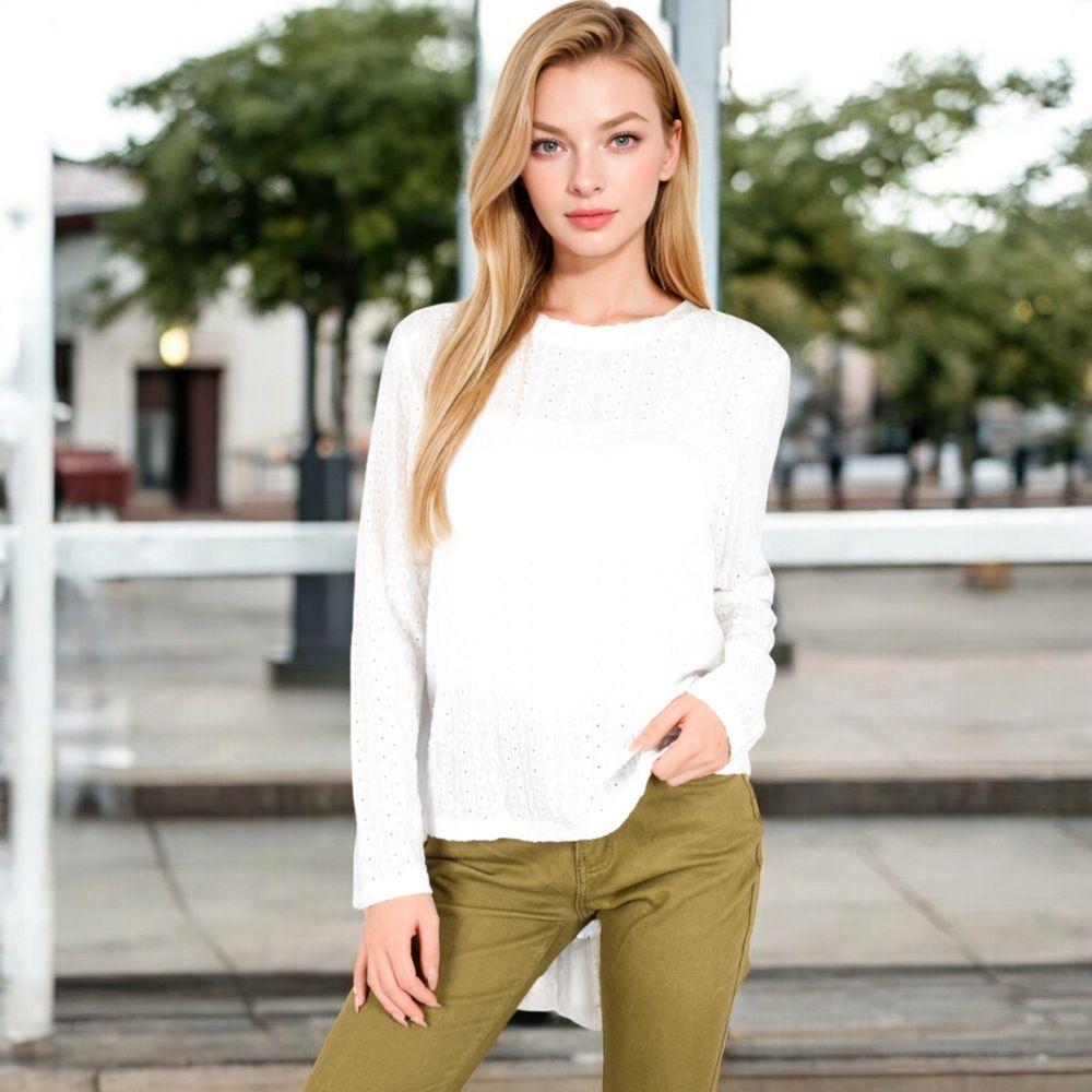 Textured Long Sleeve Knit Top with Crew Neckline