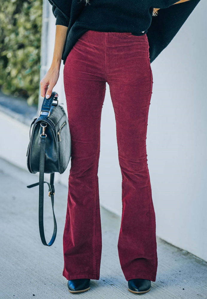 High Waist Corduroy Flared Pants with Stretch Fabric and Classic Fit