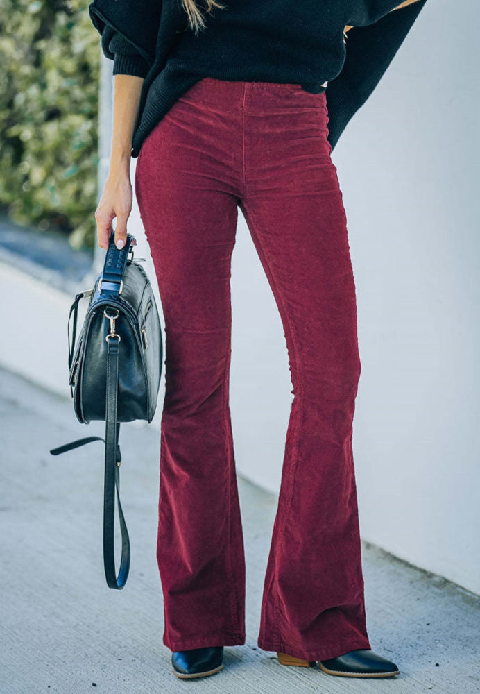 High Waist Corduroy Flared Pants with Stretch Fabric and Classic Fit