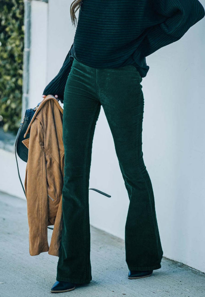 High Waist Corduroy Flared Pants with Stretch Fabric and Classic Fit