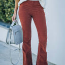 Orange Large High Waist Corduroy Flared Pants with Stretch Fabric and Classic Fit