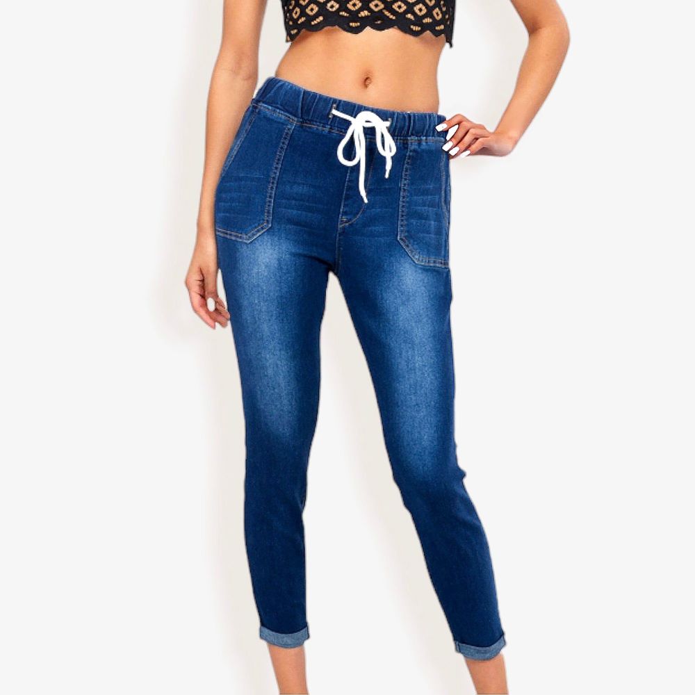 Drawstring Waist Skinny Denim Jeans With Pockets And Cuffed Hem