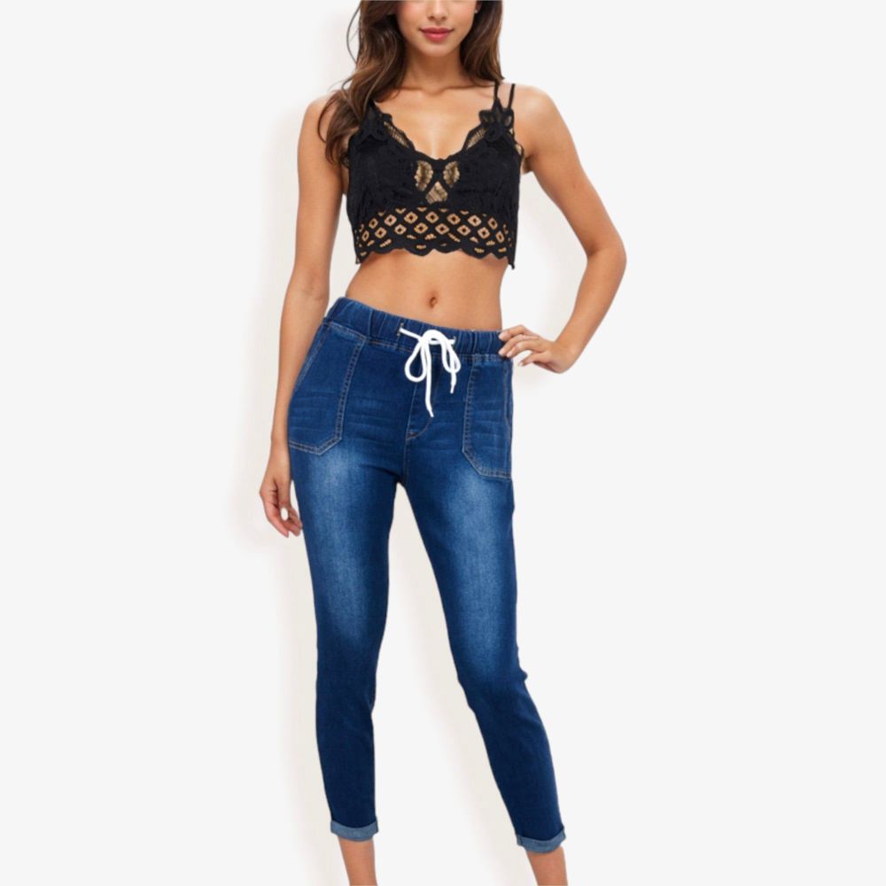 Drawstring Waist Skinny Denim Jeans With Pockets And Cuffed Hem