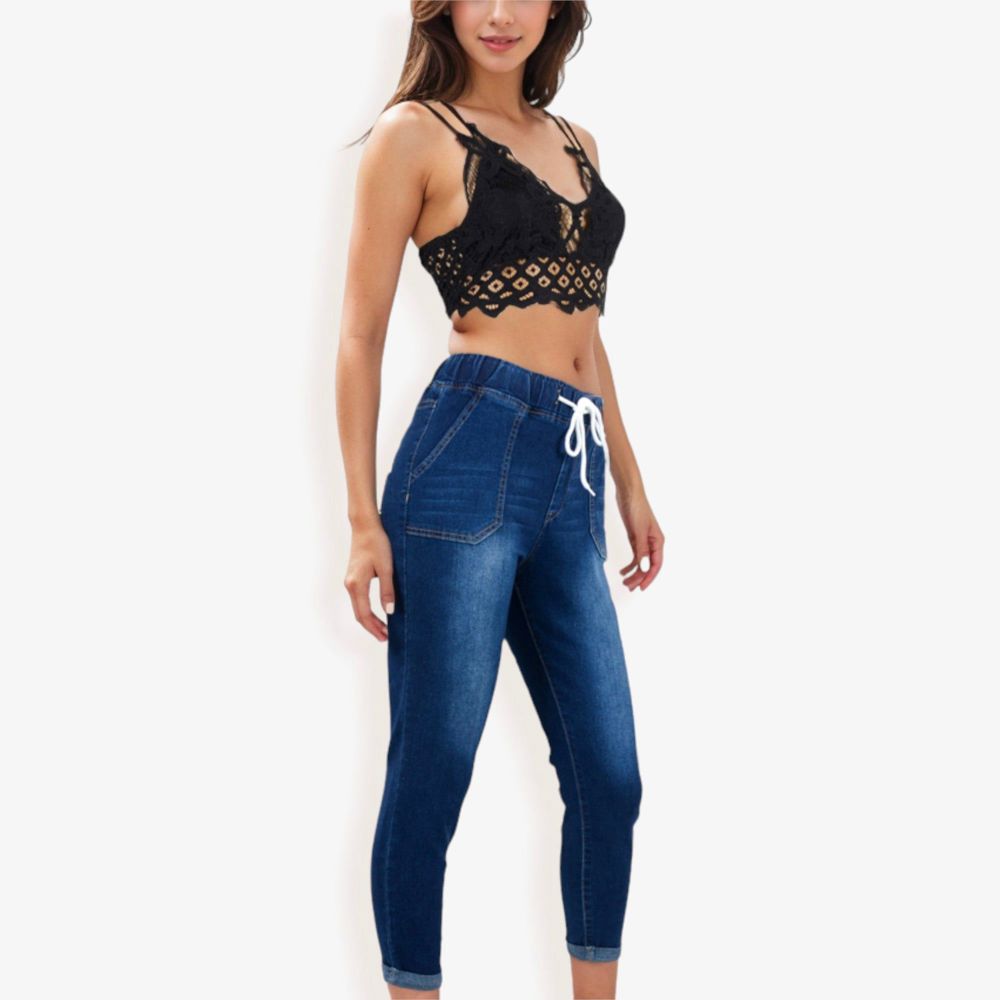 Drawstring Waist Skinny Denim Jeans With Pockets And Cuffed Hem