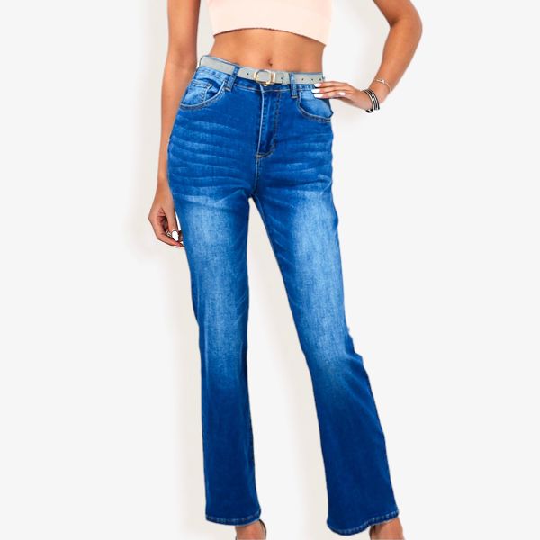 High Waist Straight Leg Jeans With Vintage Wash And Classic Fit