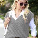 Gray L-XL Sleeveless Cable Knit Sweater Vest with V-Neck and Ribbed Hem