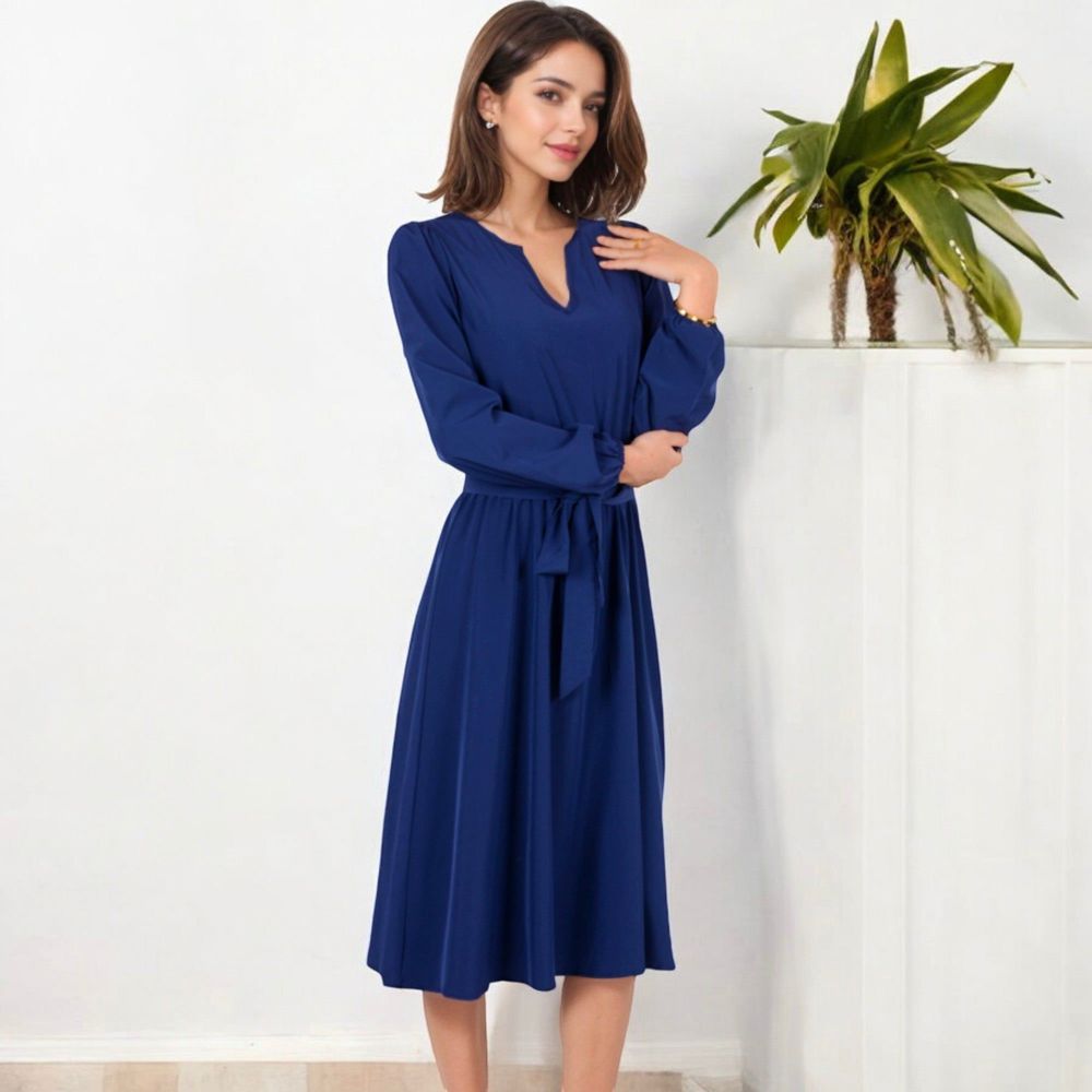 Long Sleeve V-Neck Midi Dress with Waist Tie and Gathered Details