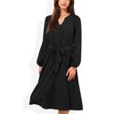 Black Large Long Sleeve V-Neck Midi Dress with Waist Tie and Gathered Details