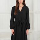 Black Large Long Sleeve V-Neck Midi Dress with Waist Tie and Gathered Details