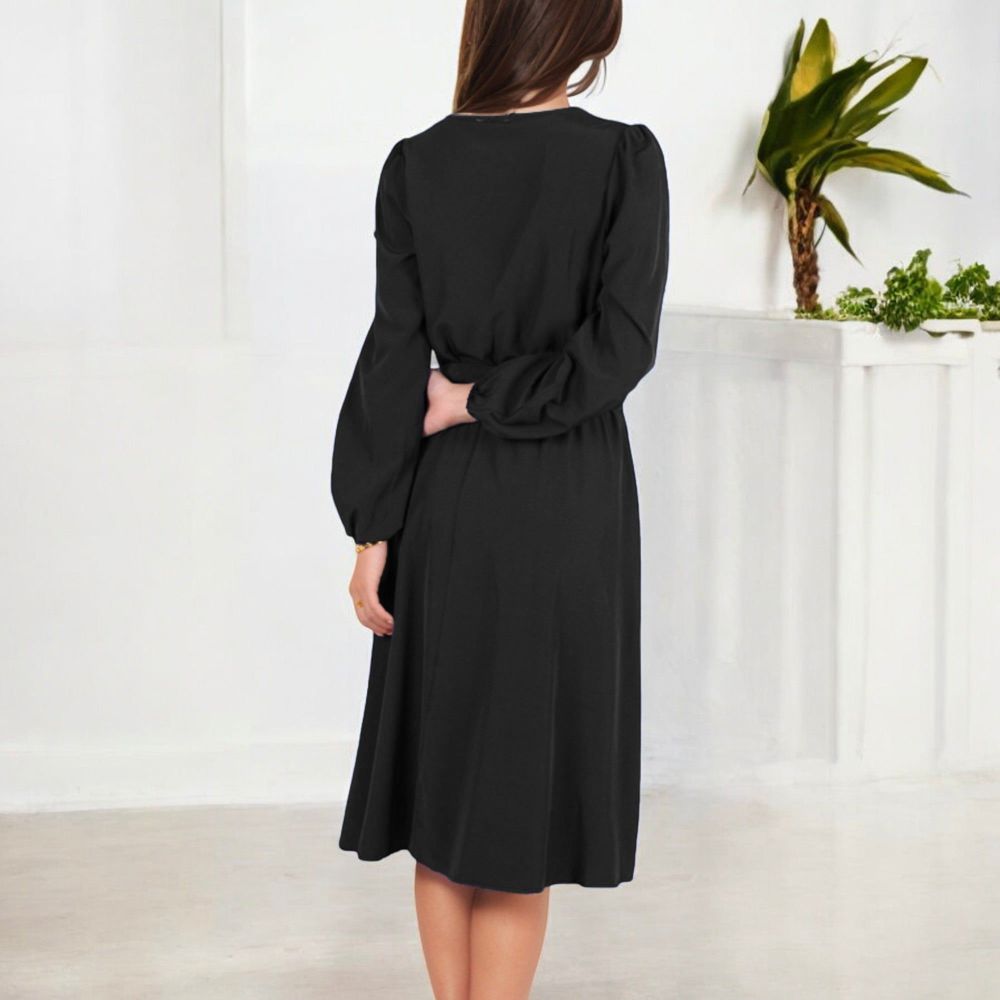 Long Sleeve V-Neck Midi Dress with Waist Tie and Gathered Details