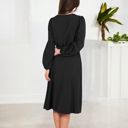 Black Large Long Sleeve V-Neck Midi Dress with Waist Tie and Gathered Details