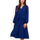 Blue Large Long Sleeve V-Neck Midi Dress with Waist Tie and Gathered Details