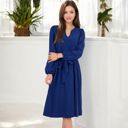 Blue Large Long Sleeve V-Neck Midi Dress with Waist Tie and Gathered Details