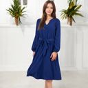 Blue Large Long Sleeve V-Neck Midi Dress with Waist Tie and Gathered Details