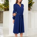 Blue Large Long Sleeve V-Neck Midi Dress with Waist Tie and Gathered Details