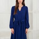 Blue Large Long Sleeve V-Neck Midi Dress with Waist Tie and Gathered Details