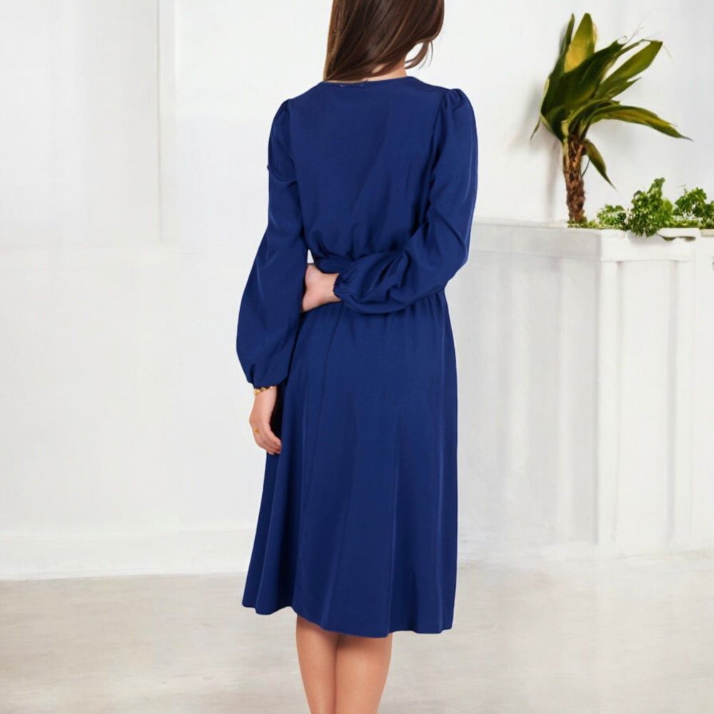 Long Sleeve V-Neck Midi Dress with Waist Tie and Gathered Details