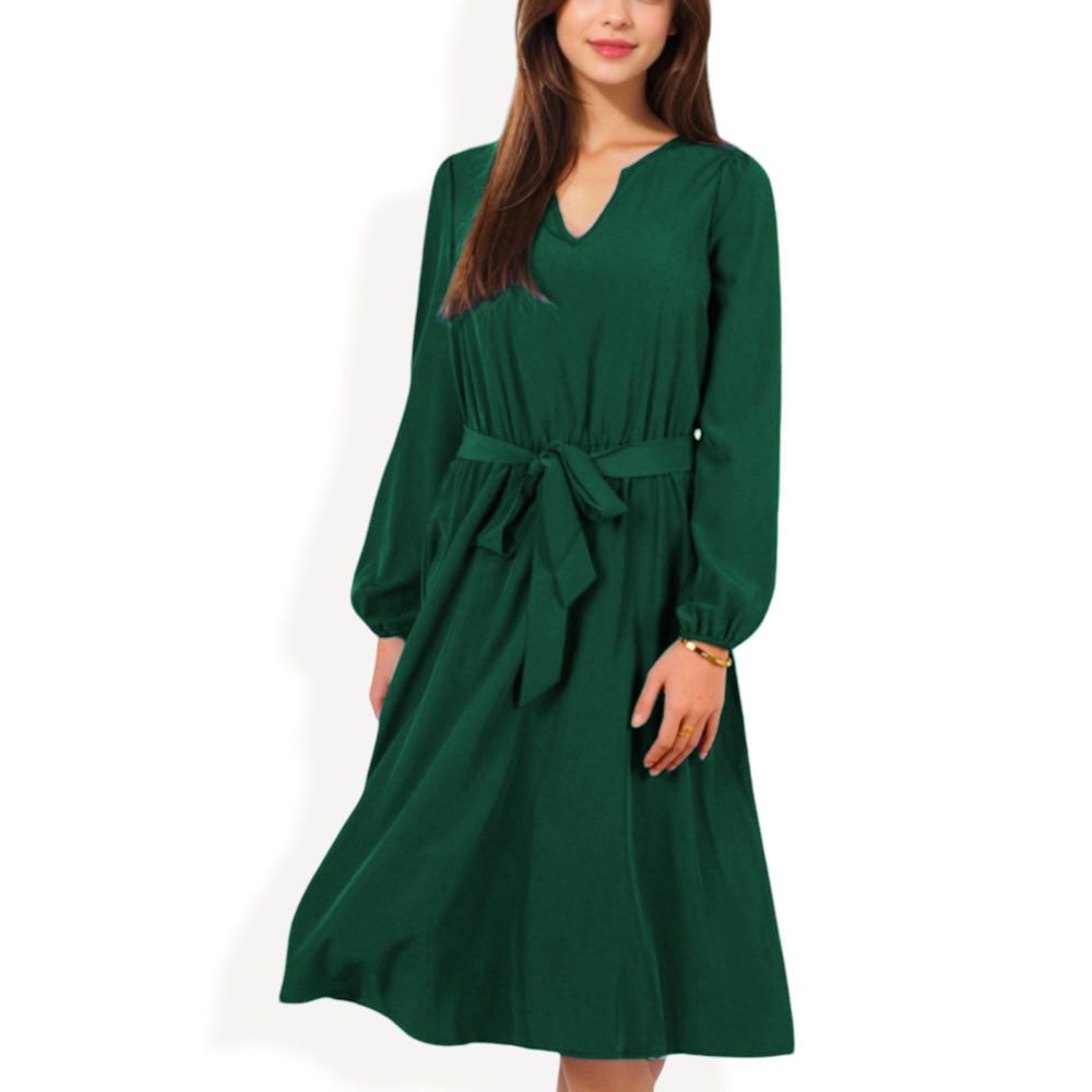 Long Sleeve V-Neck Midi Dress with Waist Tie and Gathered Details