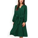 Green Large Long Sleeve V-Neck Midi Dress with Waist Tie and Gathered Details