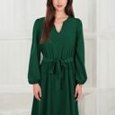 Green Large Long Sleeve V-Neck Midi Dress with Waist Tie and Gathered Details