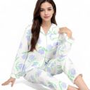 White Large Women's Floral Print 2-Piece Pajama Set with Long Sleeve Button-Up Top and Relaxed Fit Pants