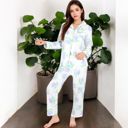 White Large Women's Floral Print 2-Piece Pajama Set with Long Sleeve Button-Up Top and Relaxed Fit Pants