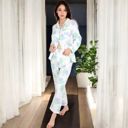 White Large Women's Floral Print 2-Piece Pajama Set with Long Sleeve Button-Up Top and Relaxed Fit Pants