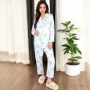 White Large Women's Floral Print 2-Piece Pajama Set with Long Sleeve Button-Up Top and Relaxed Fit Pants