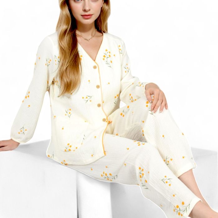 Women's Floral Print 2-Piece Pajama Set with Button-Front Top and Soft Muslin Textured Fabric