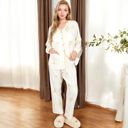 Beige Large Women's Floral Print 2-Piece Pajama Set with Button-Front Top and Soft Muslin Textured Fabric