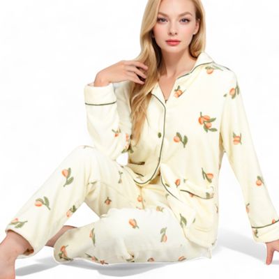 Women's Fruit Print 2-Piece Pajama Set with Soft Plush Fabric and Piping Trim Details