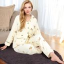 Beige Large Women's Fruit Print 2-Piece Pajama Set with Soft Plush Fabric and Piping Trim Details