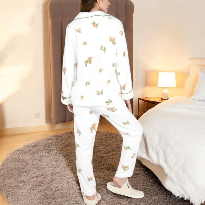 Women's Fruit Print 2-Piece Pajama Set with Soft Plush Fabric and Piping Trim Details