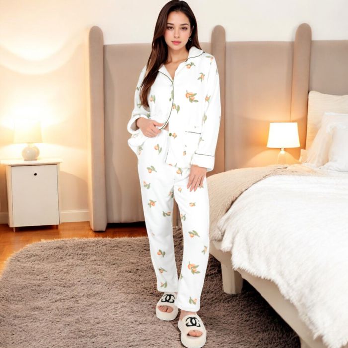 Women's Fruit Print 2-Piece Pajama Set with Soft Plush Fabric and Piping Trim Details