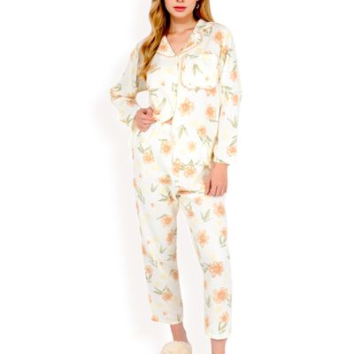 Women's Floral Print 2-Piece Pajama Set with Long Sleeve Button-Up Top and Relaxed Fit Pants