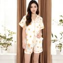 Yellow Large Women's Fruit Print 2-Piece Pajama Set with Short Sleeve Button-Up Top and Relaxed Fit Shorts